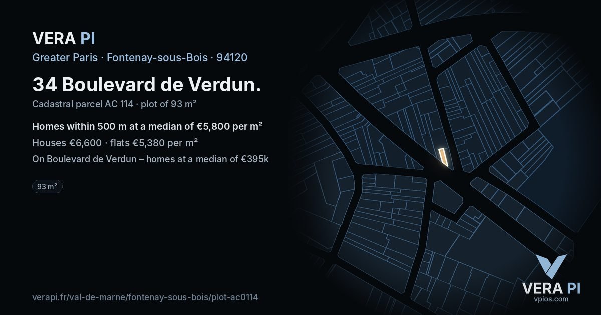34 Boulevard de Verdun, Fontenay-sous-Bois at night – the plot lit, the parcels around coloured by the prices near them