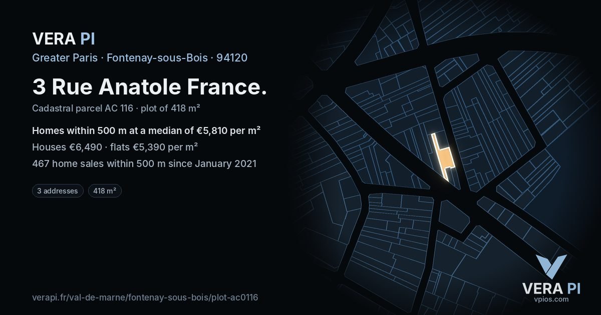 3 Rue Anatole France, Fontenay-sous-Bois at night – the plot lit, the parcels around coloured by the prices near them