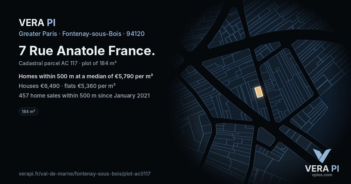 7 Rue Anatole France, Fontenay-sous-Bois at night – the plot lit, the parcels around coloured by the prices near them