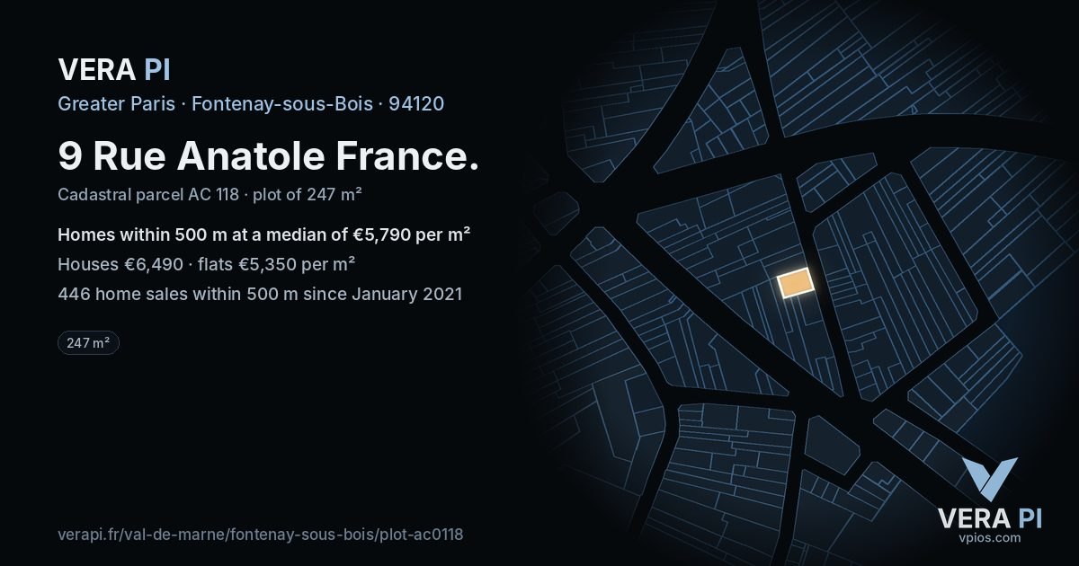 9 Rue Anatole France, Fontenay-sous-Bois at night – the plot lit, the parcels around coloured by the prices near them