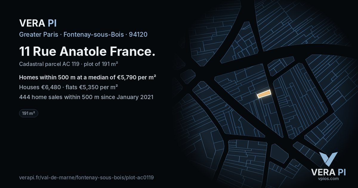 11 Rue Anatole France, Fontenay-sous-Bois at night – the plot lit, the parcels around coloured by the prices near them