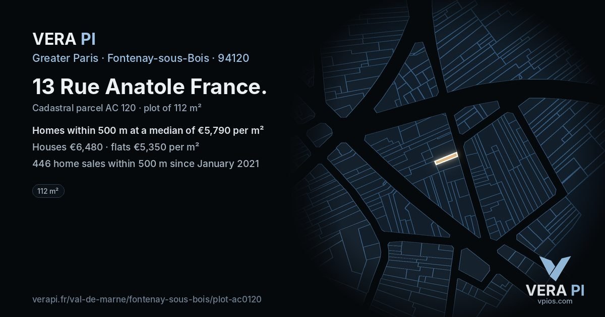 13 Rue Anatole France, Fontenay-sous-Bois at night – the plot lit, the parcels around coloured by the prices near them