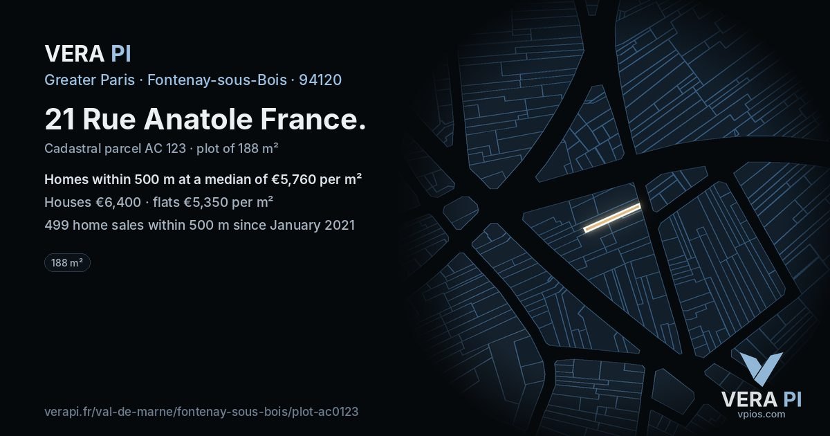 21 Rue Anatole France, Fontenay-sous-Bois at night – the plot lit, the parcels around coloured by the prices near them