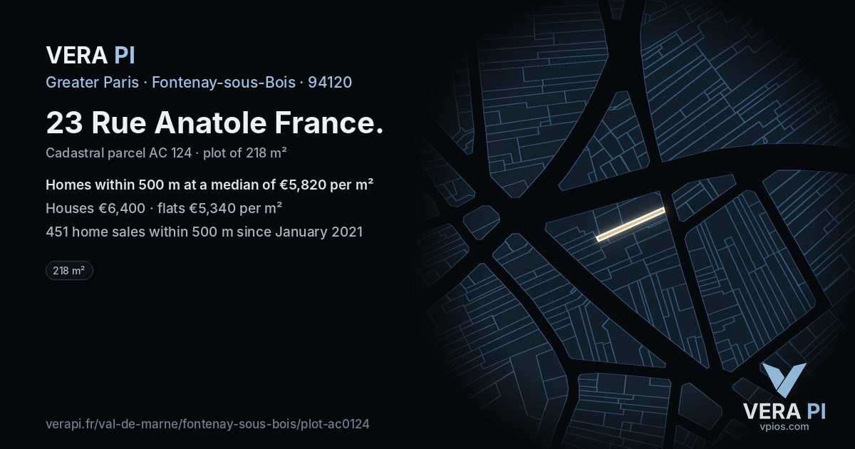 23 Rue Anatole France, Fontenay-sous-Bois at night – the plot lit, the parcels around coloured by the prices near them