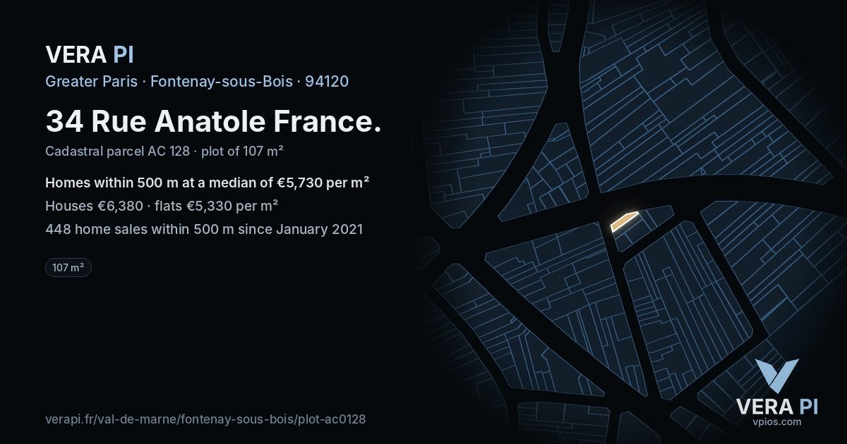 34 Rue Anatole France, Fontenay-sous-Bois at night – the plot lit, the parcels around coloured by the prices near them