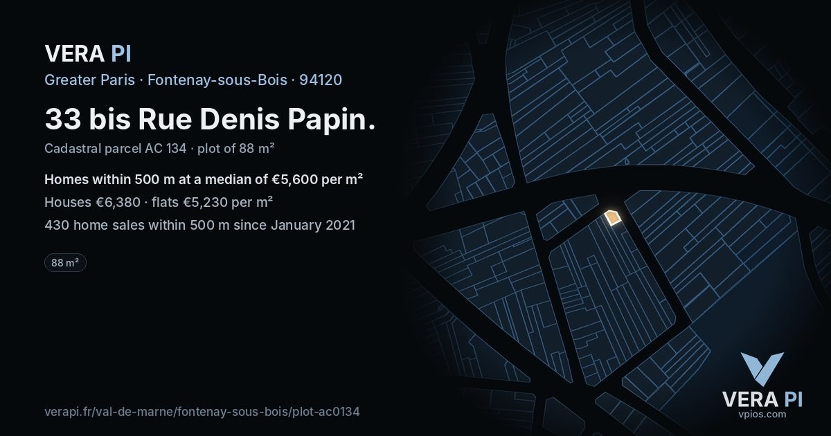 33 bis Rue Denis Papin, Fontenay-sous-Bois at night – the plot lit, the parcels around coloured by the prices near them