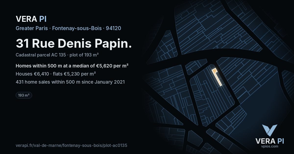 31 Rue Denis Papin, Fontenay-sous-Bois at night – the plot lit, the parcels around coloured by the prices near them