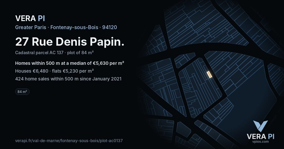 27 Rue Denis Papin, Fontenay-sous-Bois at night – the plot lit, the parcels around coloured by the prices near them