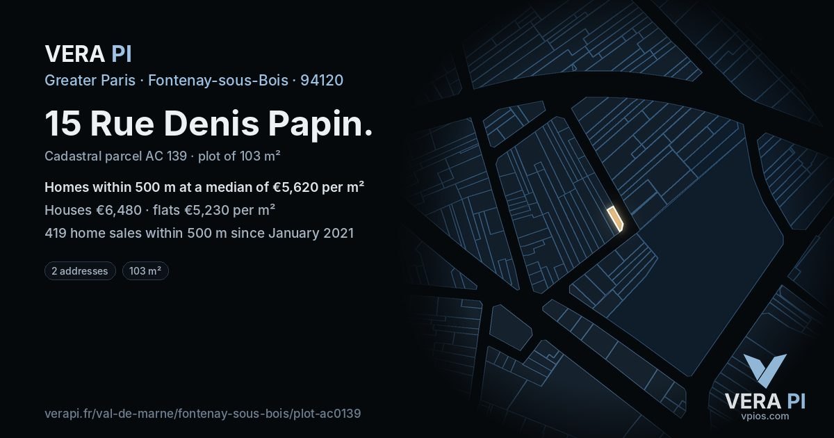 15 Rue Denis Papin, Fontenay-sous-Bois at night – the plot lit, the parcels around coloured by the prices near them
