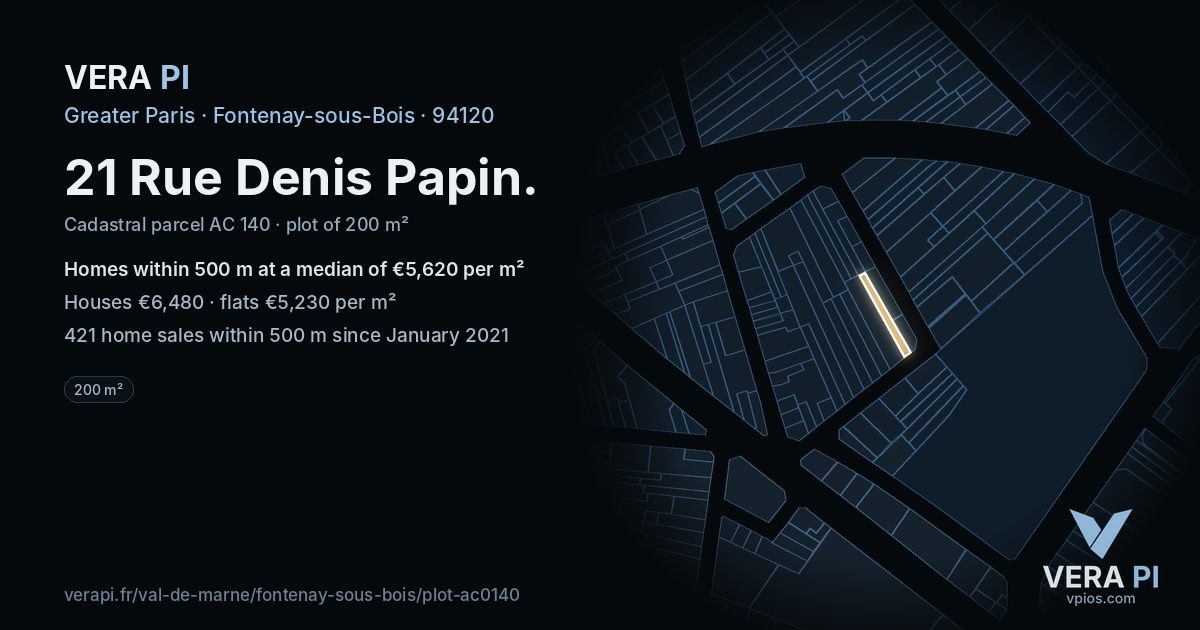 21 Rue Denis Papin, Fontenay-sous-Bois at night – the plot lit, the parcels around coloured by the prices near them