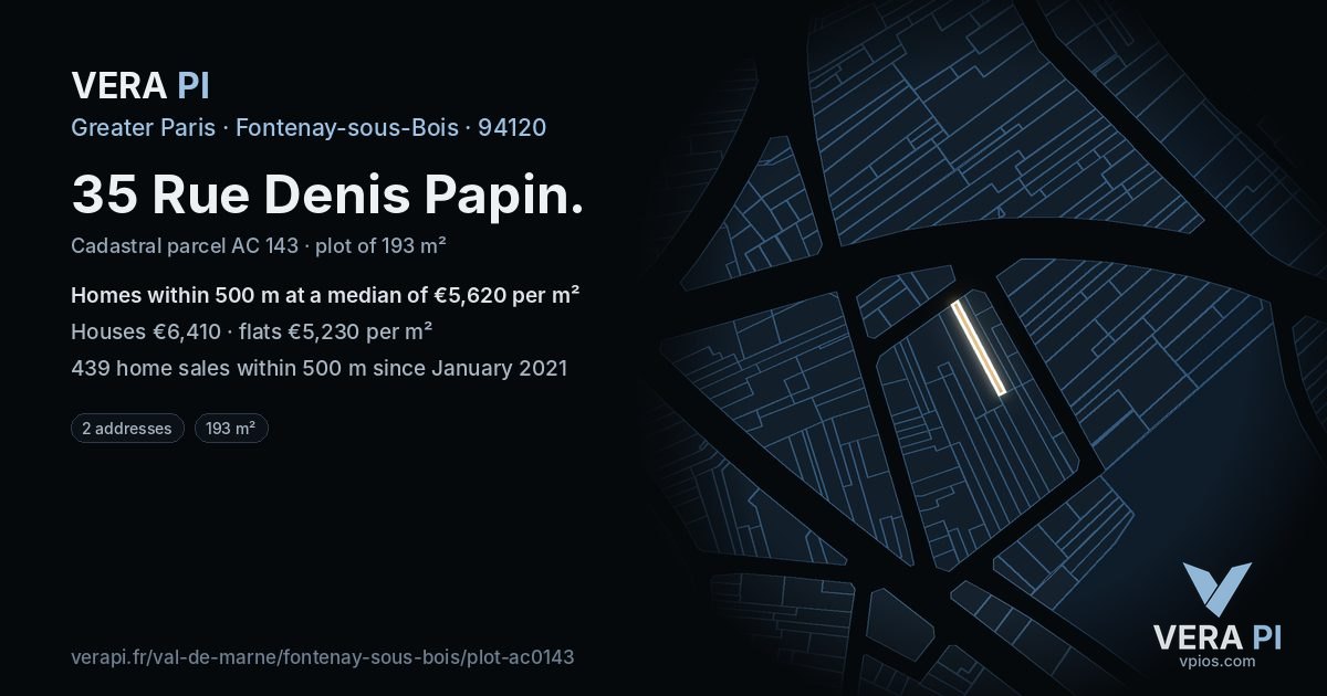 35 Rue Denis Papin, Fontenay-sous-Bois at night – the plot lit, the parcels around coloured by the prices near them