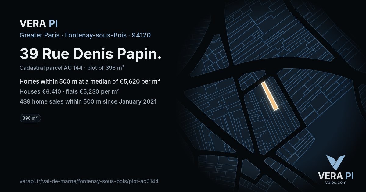 39 Rue Denis Papin, Fontenay-sous-Bois at night – the plot lit, the parcels around coloured by the prices near them