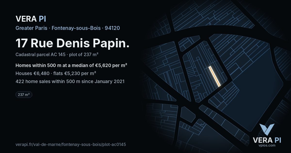17 Rue Denis Papin, Fontenay-sous-Bois at night – the plot lit, the parcels around coloured by the prices near them