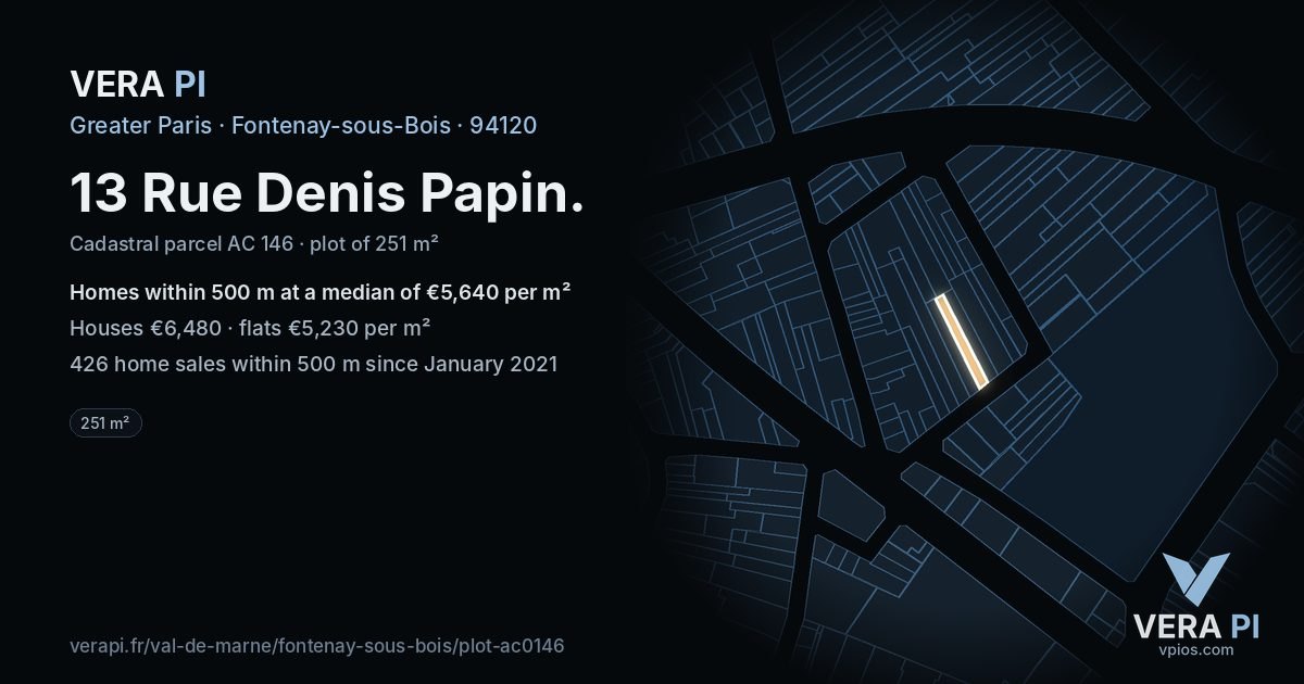 13 Rue Denis Papin, Fontenay-sous-Bois at night – the plot lit, the parcels around coloured by the prices near them