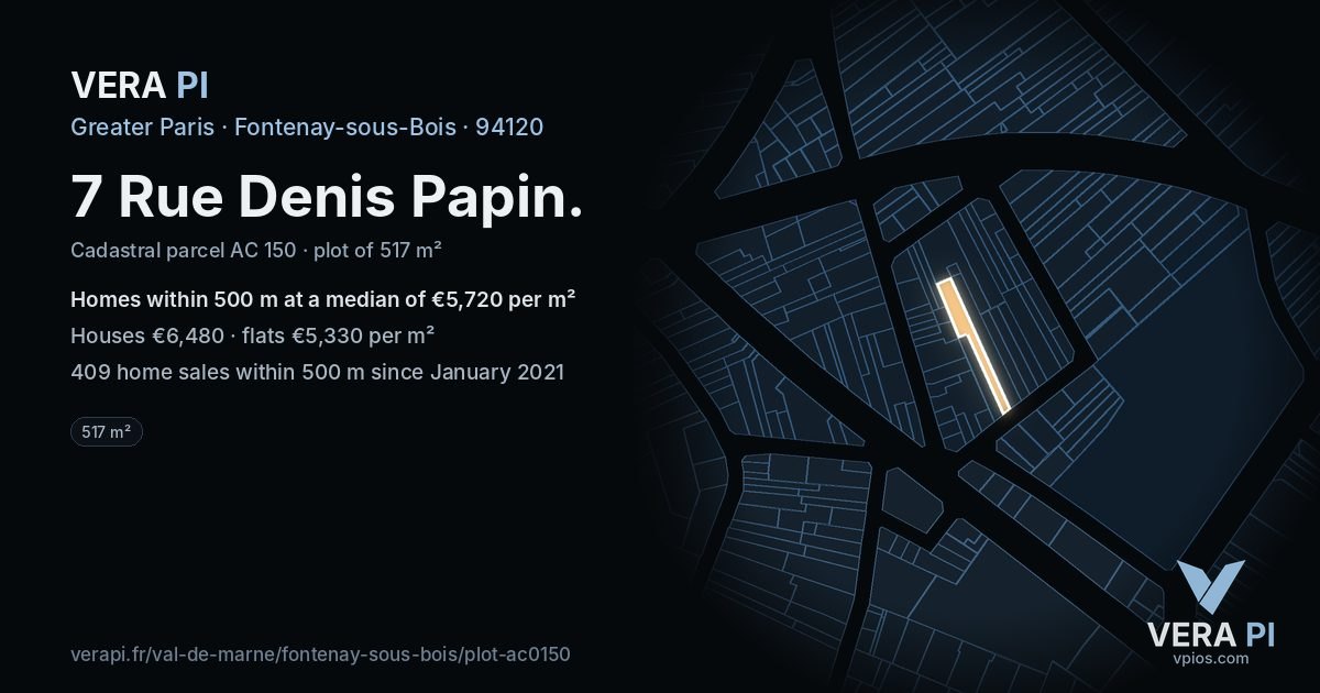 7 Rue Denis Papin, Fontenay-sous-Bois at night – the plot lit, the parcels around coloured by the prices near them