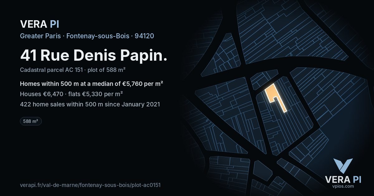 41 Rue Denis Papin, Fontenay-sous-Bois at night – the plot lit, the parcels around coloured by the prices near them
