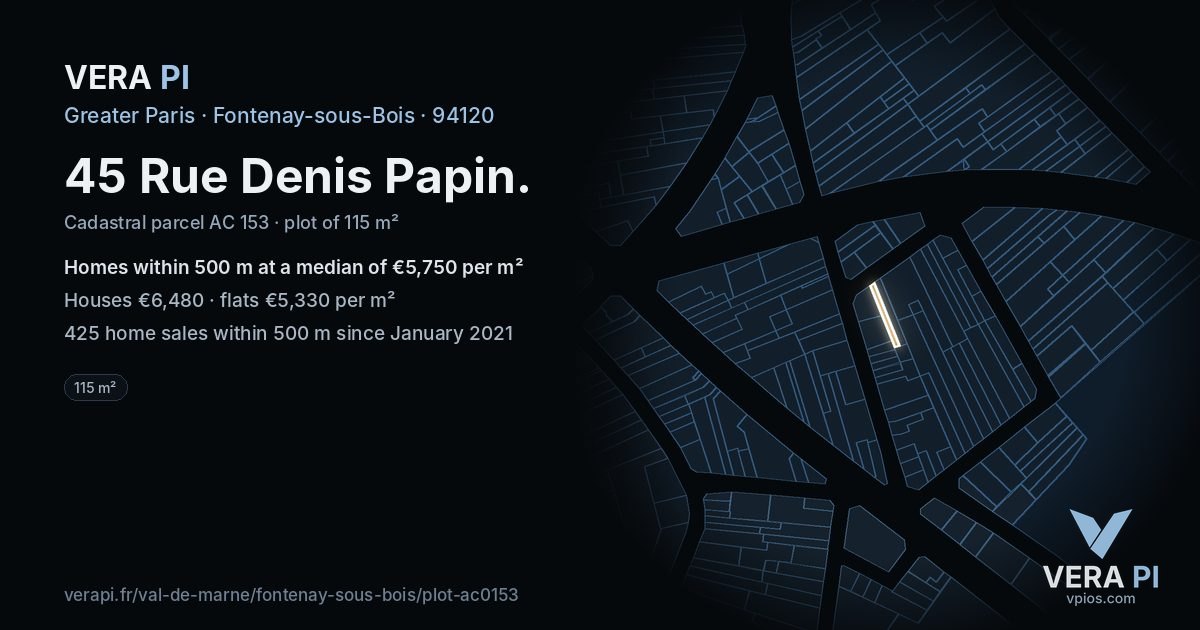 45 Rue Denis Papin, Fontenay-sous-Bois at night – the plot lit, the parcels around coloured by the prices near them