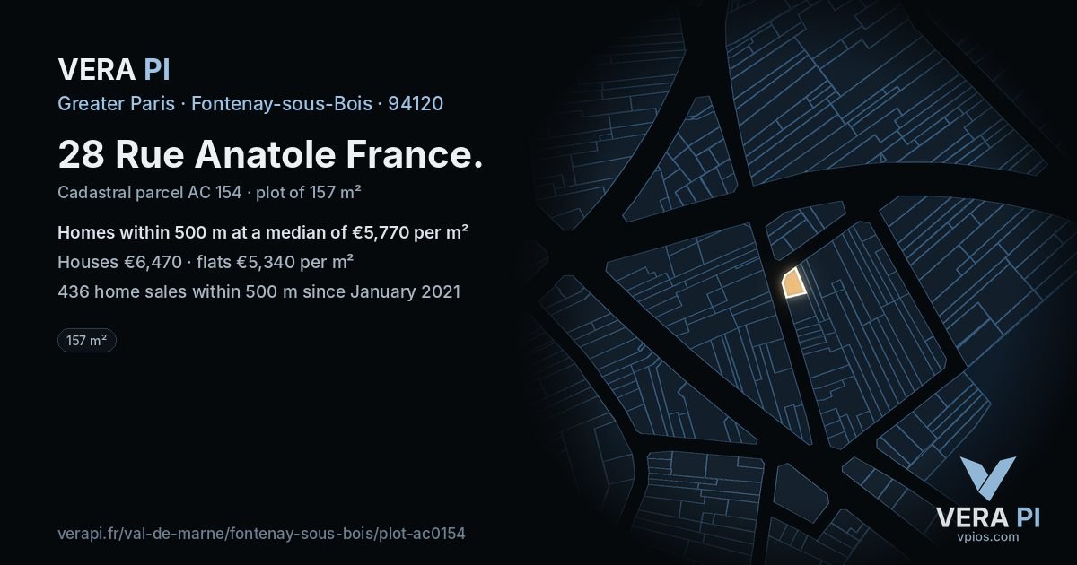 28 Rue Anatole France, Fontenay-sous-Bois at night – the plot lit, the parcels around coloured by the prices near them