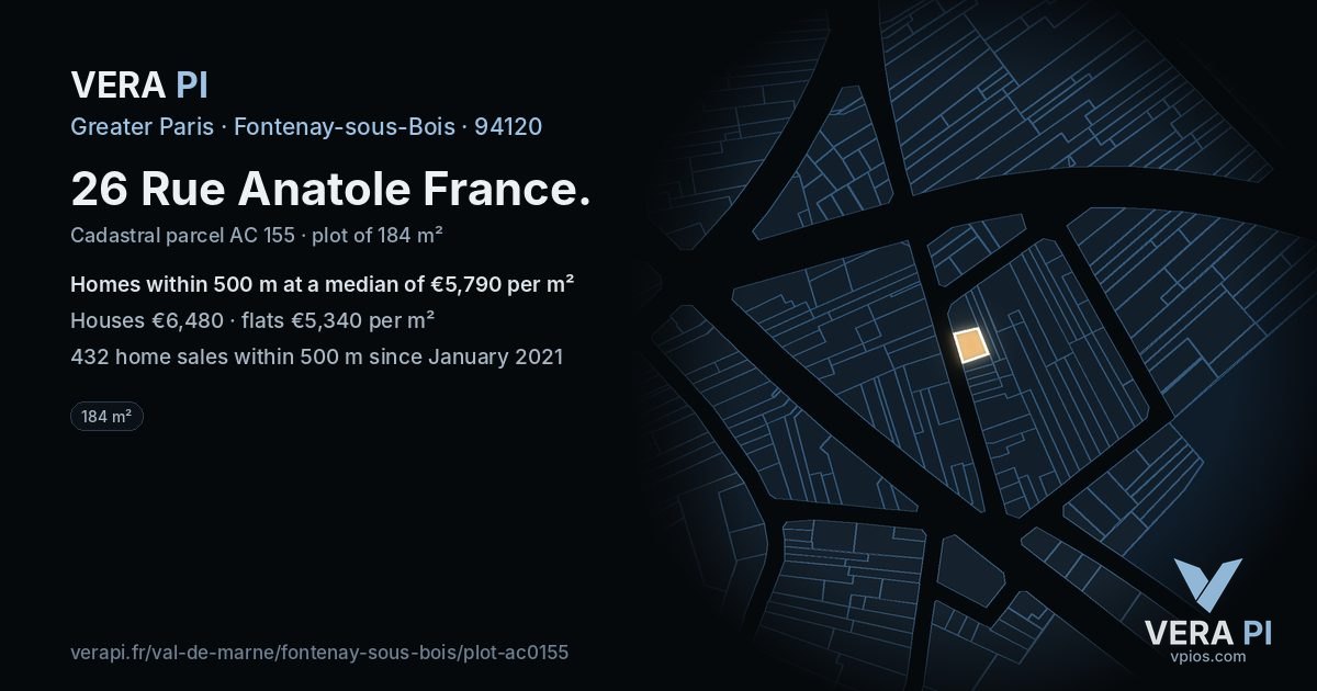 26 Rue Anatole France, Fontenay-sous-Bois at night – the plot lit, the parcels around coloured by the prices near them
