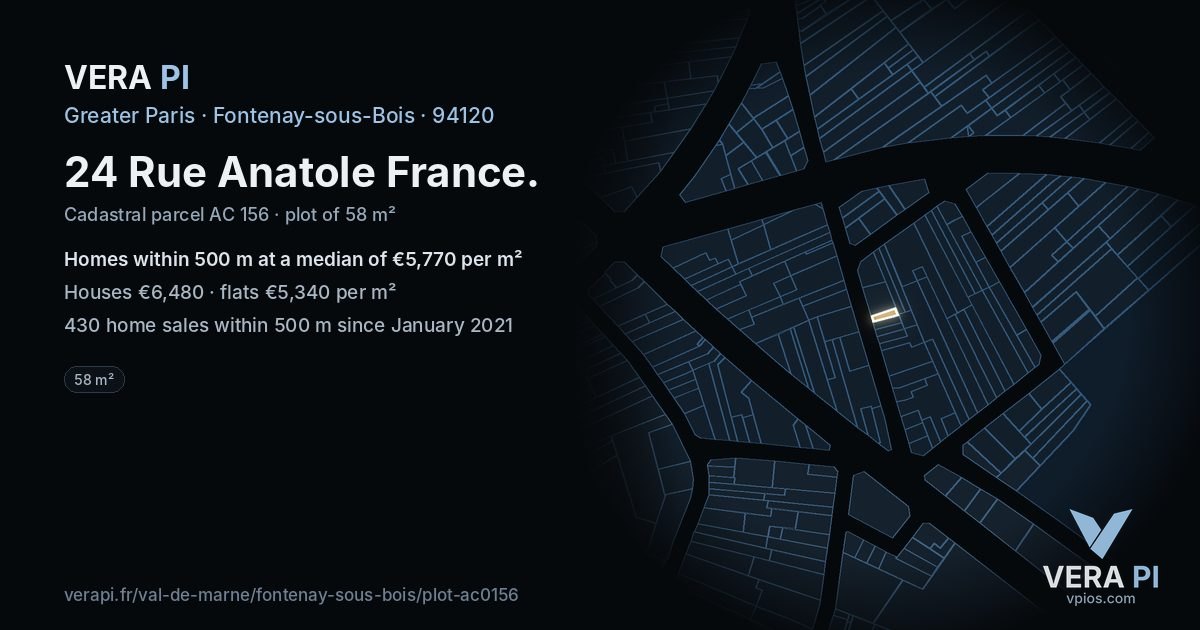 24 Rue Anatole France, Fontenay-sous-Bois at night – the plot lit, the parcels around coloured by the prices near them