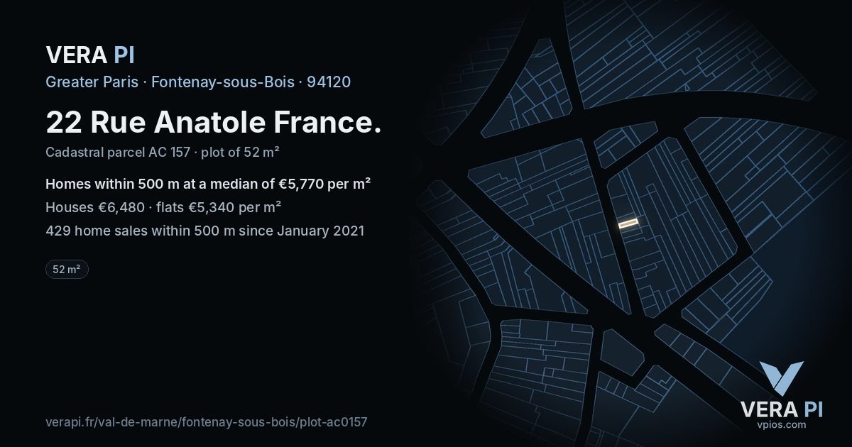 22 Rue Anatole France, Fontenay-sous-Bois at night – the plot lit, the parcels around coloured by the prices near them