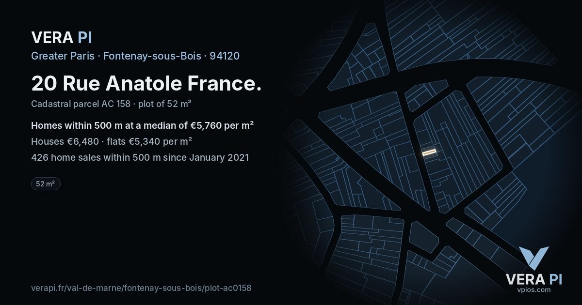 20 Rue Anatole France, Fontenay-sous-Bois at night – the plot lit, the parcels around coloured by the prices near them