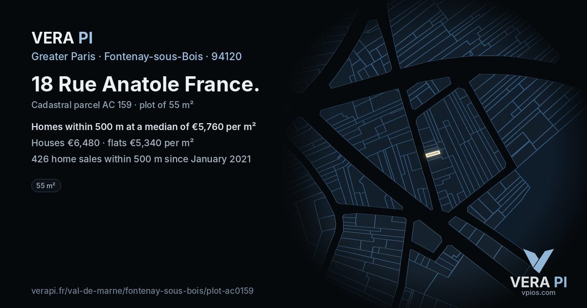 18 Rue Anatole France, Fontenay-sous-Bois at night – the plot lit, the parcels around coloured by the prices near them