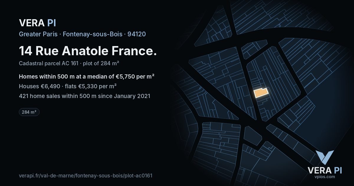 14 Rue Anatole France, Fontenay-sous-Bois at night – the plot lit, the parcels around coloured by the prices near them