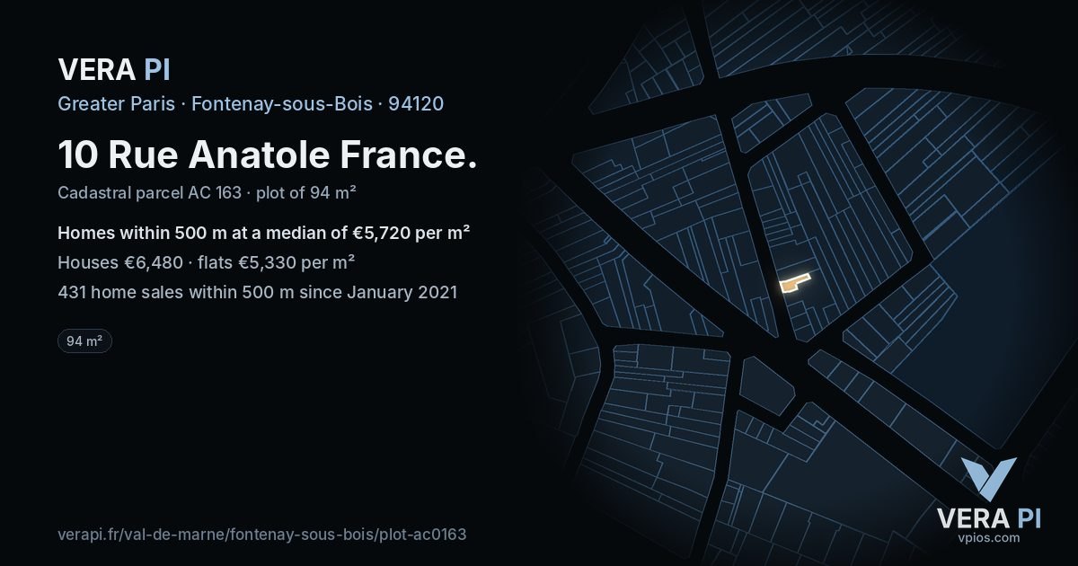 10 Rue Anatole France, Fontenay-sous-Bois at night – the plot lit, the parcels around coloured by the prices near them