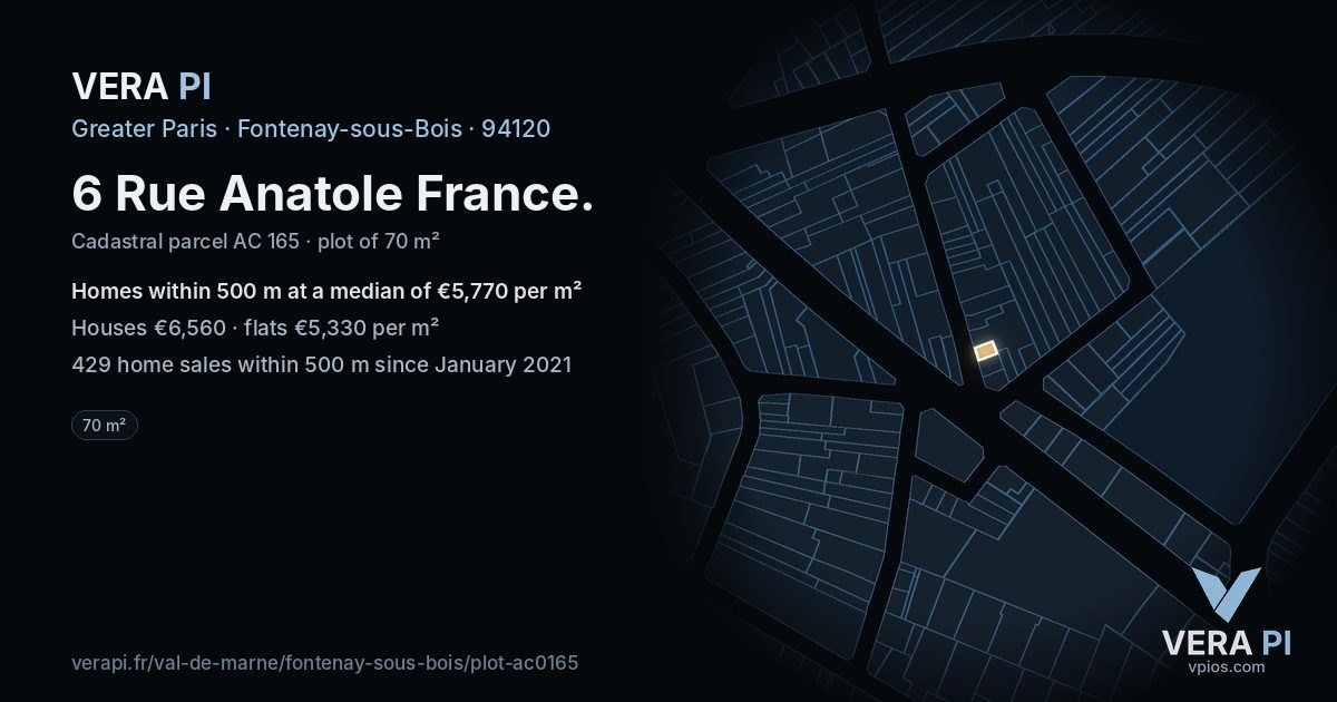 6 Rue Anatole France, Fontenay-sous-Bois at night – the plot lit, the parcels around coloured by the prices near them