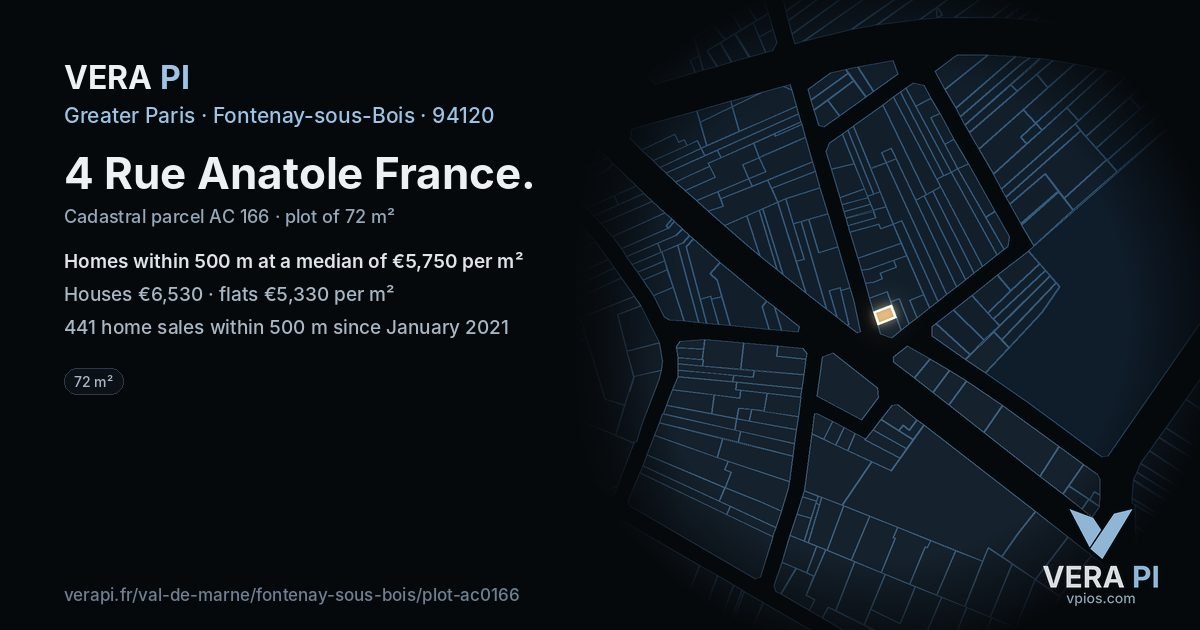 4 Rue Anatole France, Fontenay-sous-Bois at night – the plot lit, the parcels around coloured by the prices near them