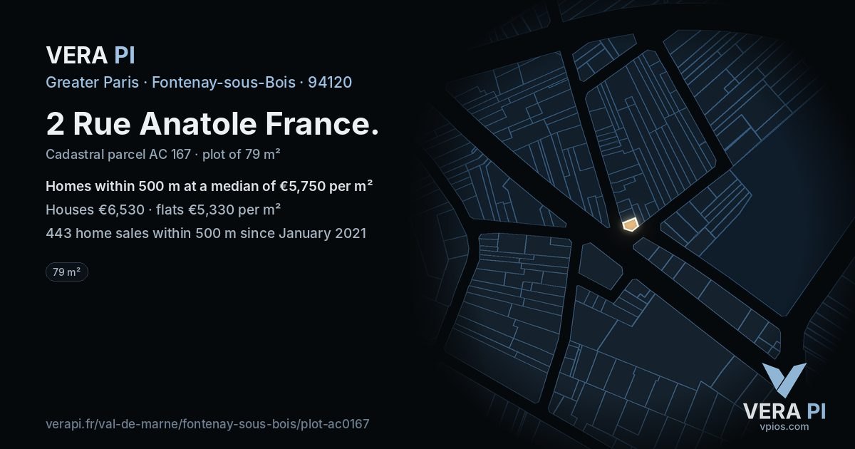 2 Rue Anatole France, Fontenay-sous-Bois at night – the plot lit, the parcels around coloured by the prices near them