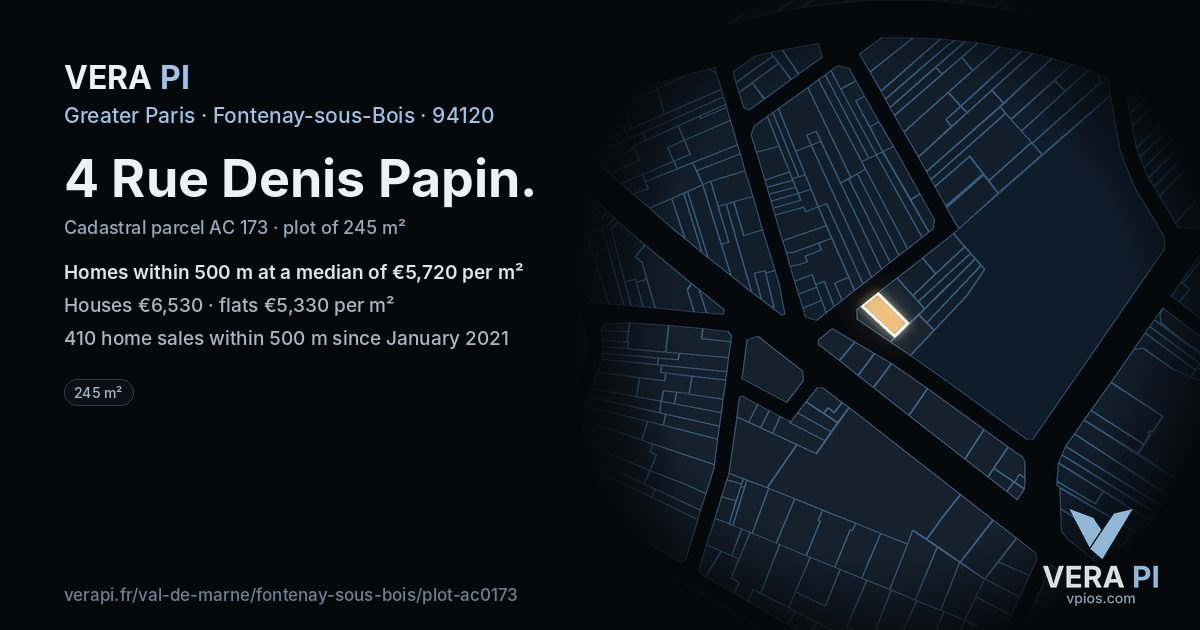 4 Rue Denis Papin, Fontenay-sous-Bois at night – the plot lit, the parcels around coloured by the prices near them