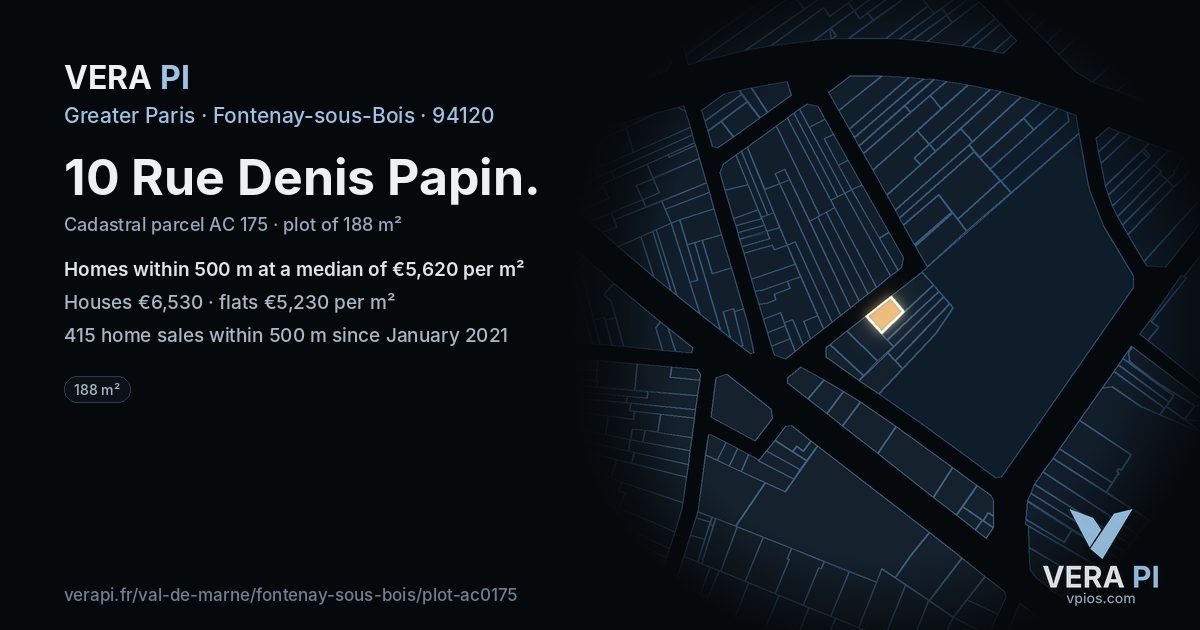 10 Rue Denis Papin, Fontenay-sous-Bois at night – the plot lit, the parcels around coloured by the prices near them