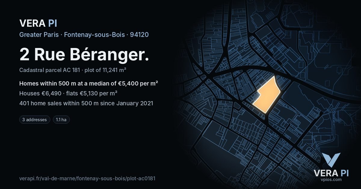 2 Rue Béranger, Fontenay-sous-Bois at night – the plot lit, the parcels around coloured by the prices near them
