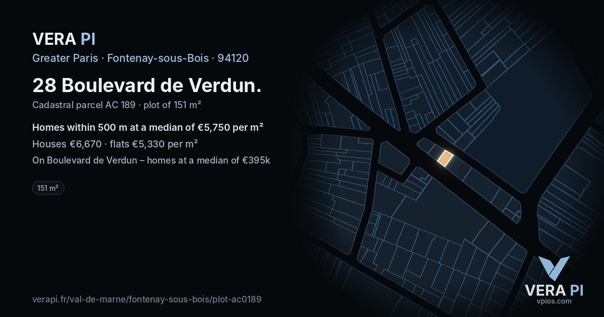28 Boulevard de Verdun, Fontenay-sous-Bois at night – the plot lit, the parcels around coloured by the prices near them