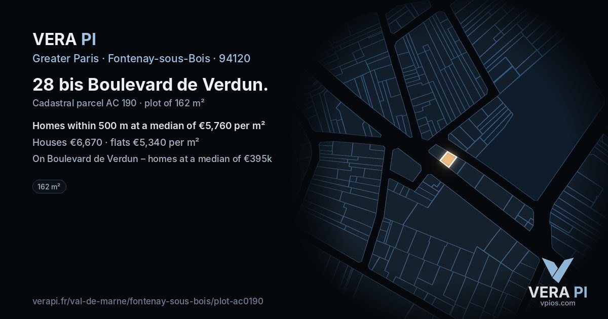 28 bis Boulevard de Verdun, Fontenay-sous-Bois at night – the plot lit, the parcels around coloured by the prices near them