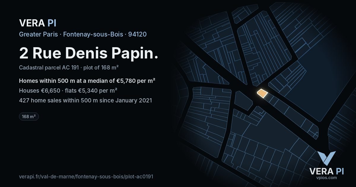 2 Rue Denis Papin, Fontenay-sous-Bois at night – the plot lit, the parcels around coloured by the prices near them