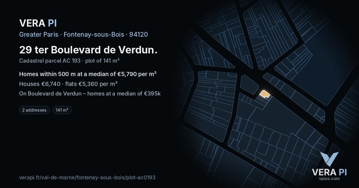 29 ter Boulevard de Verdun, Fontenay-sous-Bois at night – the plot lit, the parcels around coloured by the prices near them
