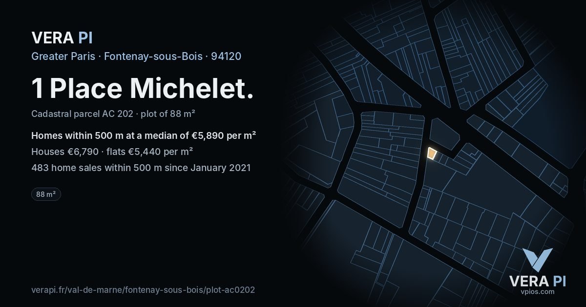 1 Place Michelet, Fontenay-sous-Bois at night – the plot lit, the parcels around coloured by the prices near them
