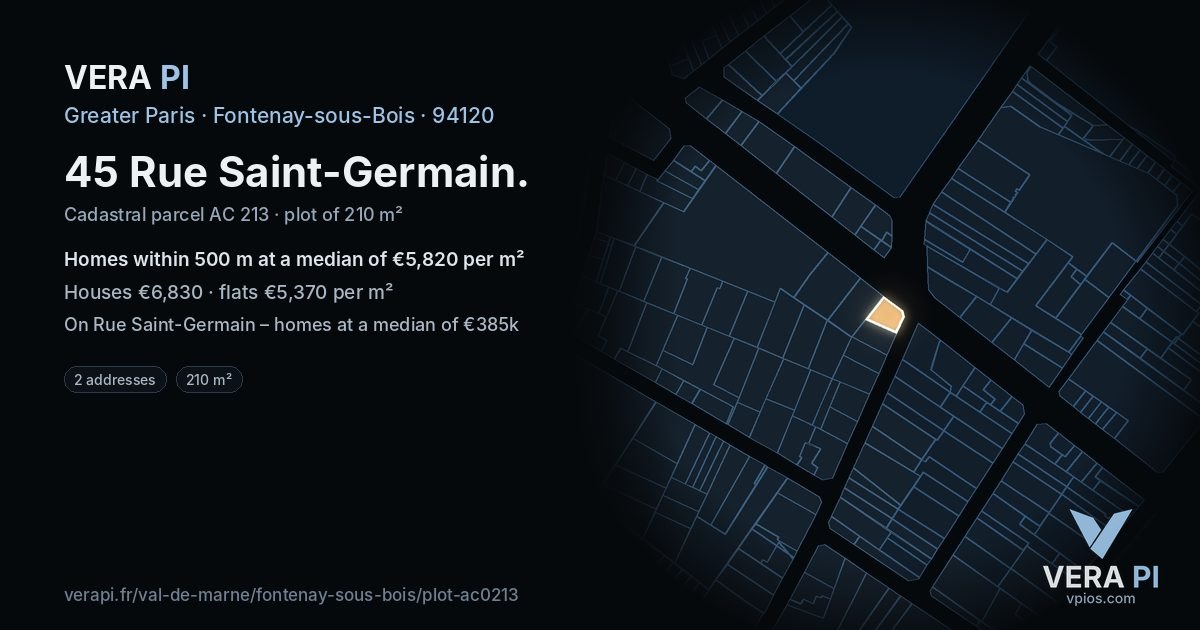 45 Rue Saint-Germain, Fontenay-sous-Bois at night – the plot lit, the parcels around coloured by the prices near them