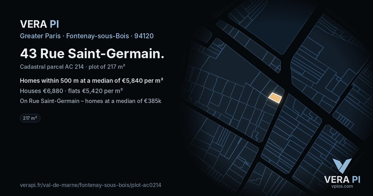 43 Rue Saint-Germain, Fontenay-sous-Bois at night – the plot lit, the parcels around coloured by the prices near them
