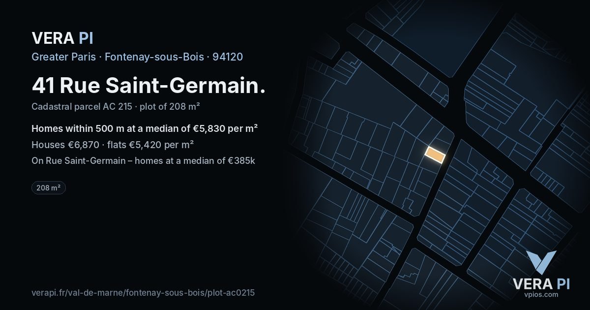 41 Rue Saint-Germain, Fontenay-sous-Bois at night – the plot lit, the parcels around coloured by the prices near them