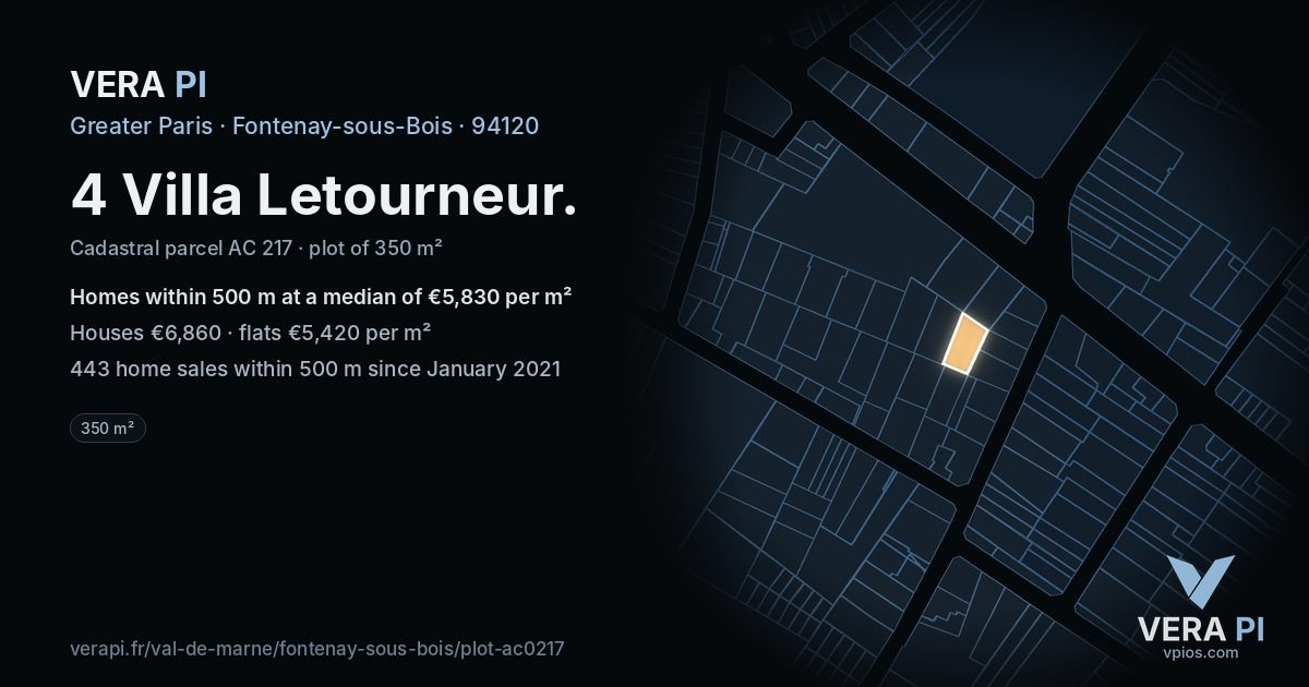 4 Villa Letourneur, Fontenay-sous-Bois at night – the plot lit, the parcels around coloured by the prices near them