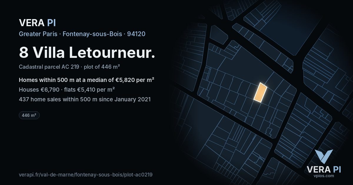 8 Villa Letourneur, Fontenay-sous-Bois at night – the plot lit, the parcels around coloured by the prices near them
