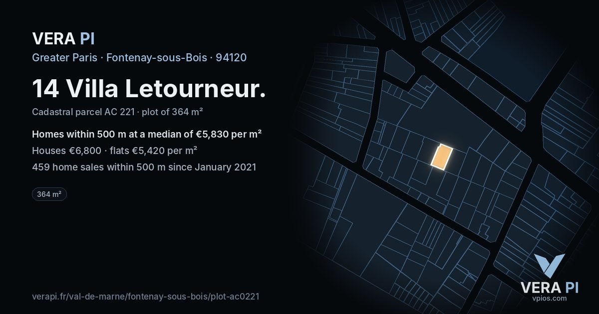 14 Villa Letourneur, Fontenay-sous-Bois at night – the plot lit, the parcels around coloured by the prices near them