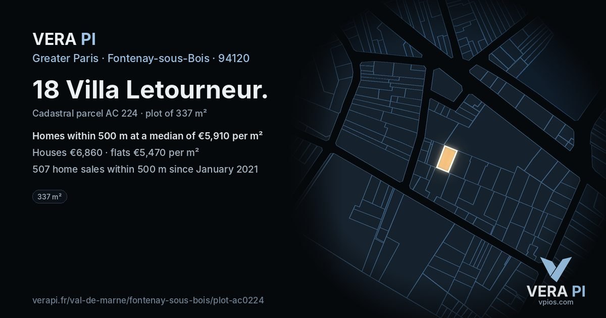 18 Villa Letourneur, Fontenay-sous-Bois at night – the plot lit, the parcels around coloured by the prices near them