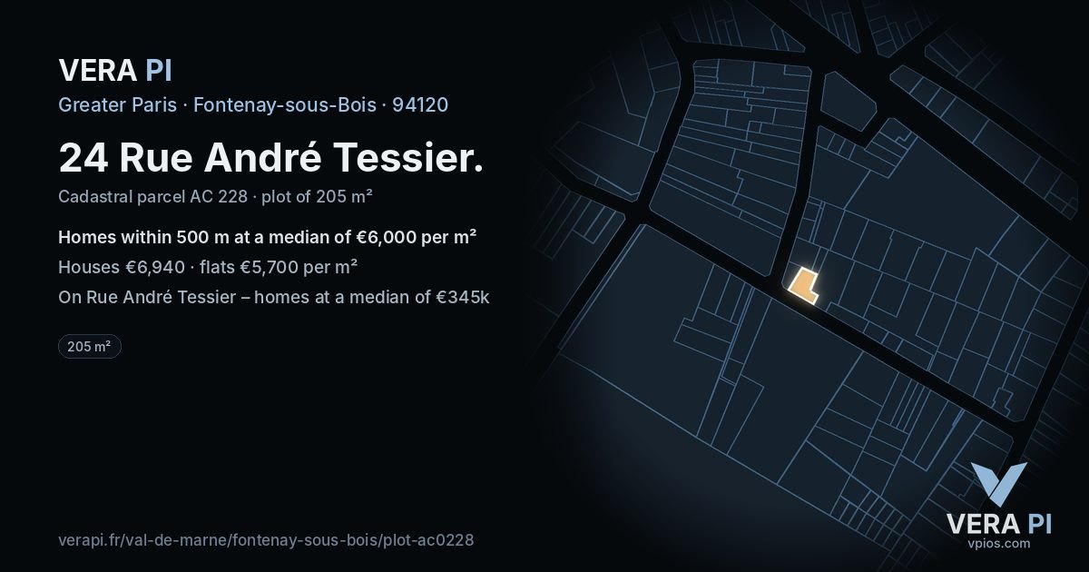 24 Rue André Tessier, Fontenay-sous-Bois at night – the plot lit, the parcels around coloured by the prices near them
