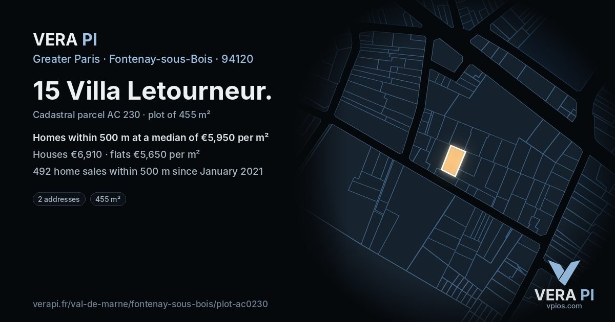 15 Villa Letourneur, Fontenay-sous-Bois at night – the plot lit, the parcels around coloured by the prices near them