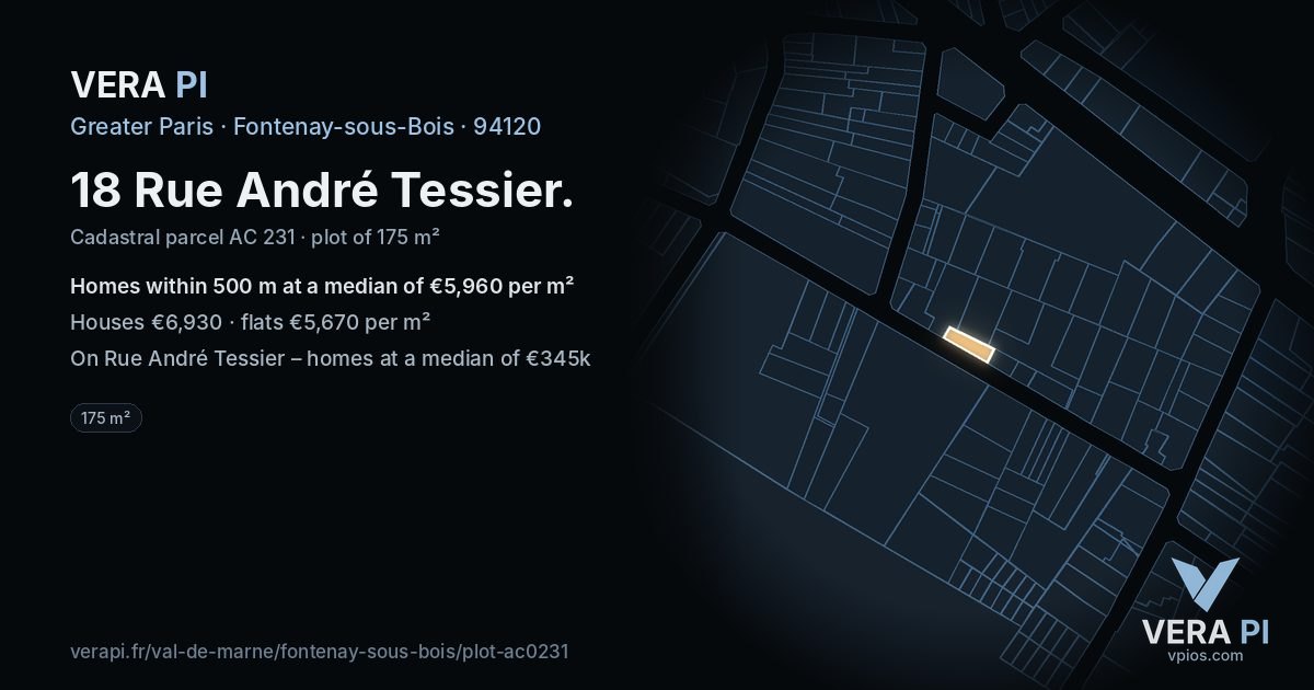 18 Rue André Tessier, Fontenay-sous-Bois at night – the plot lit, the parcels around coloured by the prices near them